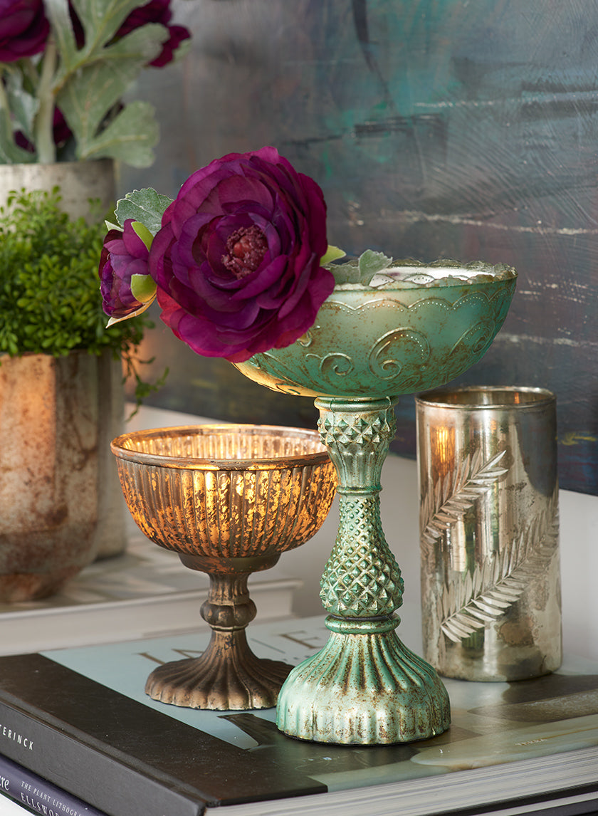 Antique Gold &amp; Silver Glass Pedestal Flower Compote