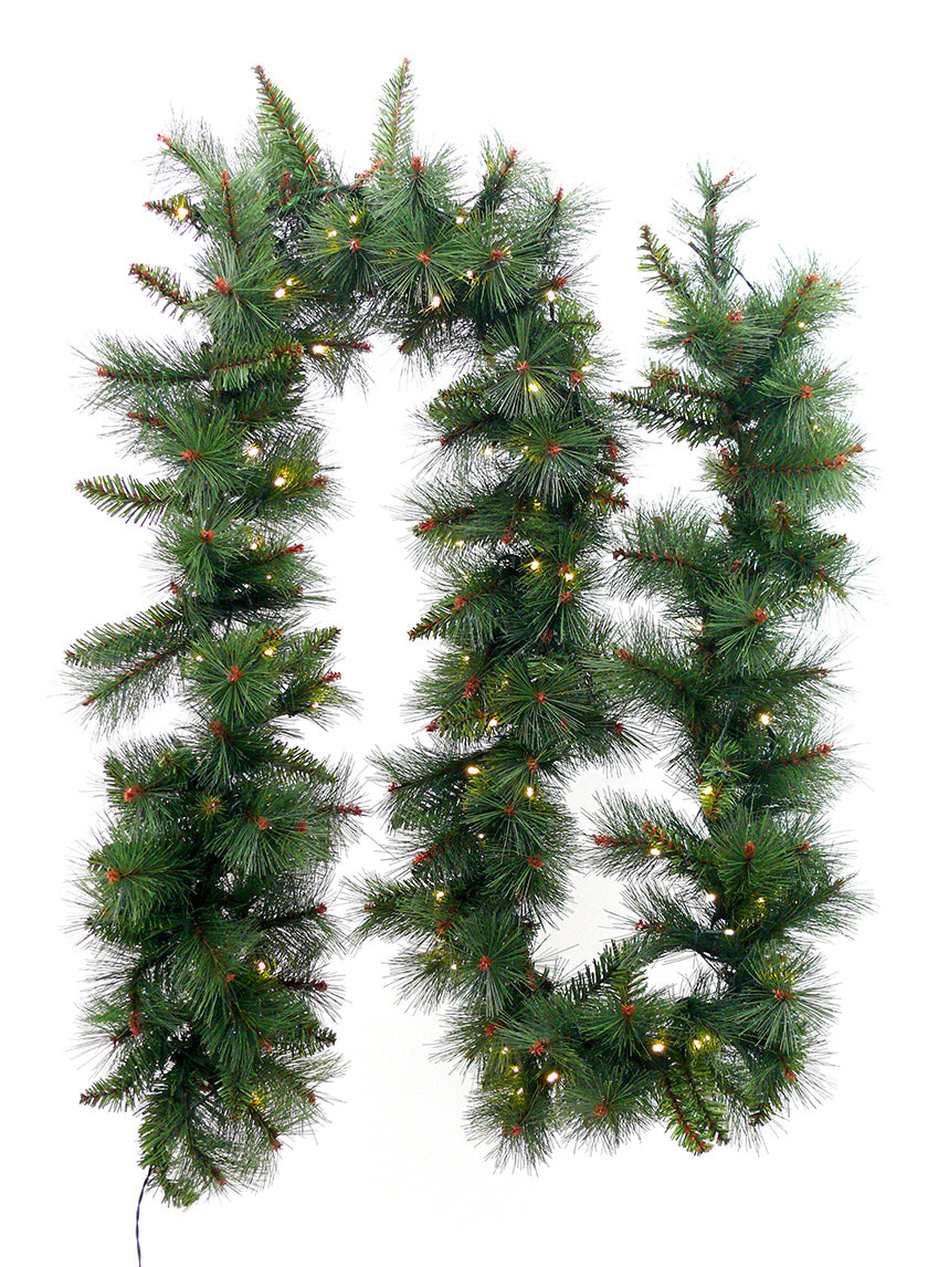 9ft Pine Needle Garland With Warm White 100 L.E.D. Lights