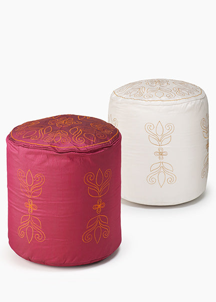 Embroidered White &amp; Pink Poufs