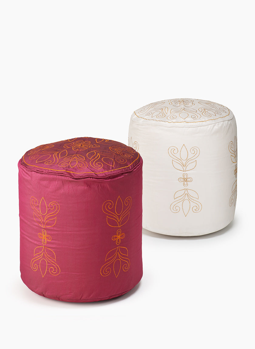 Embroidered White &amp; Pink Poufs