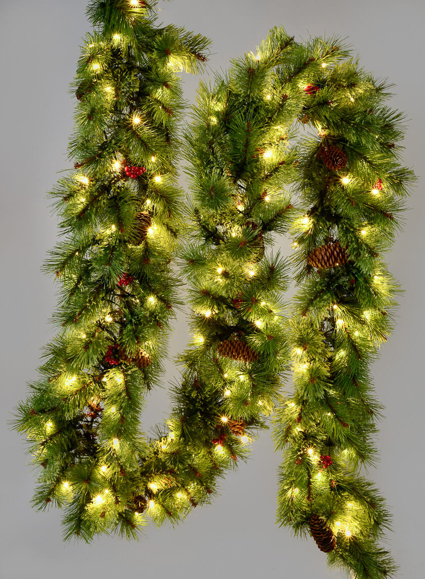 9ft Pine Garland With 150 LED Lights, Pine Cones &amp; Berries