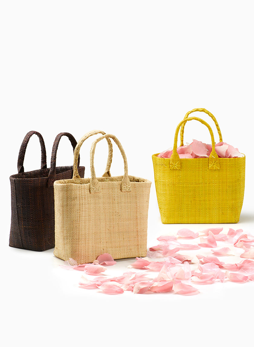 Natural, Brown, &amp; Yellow Flower Girl Raffia Bags