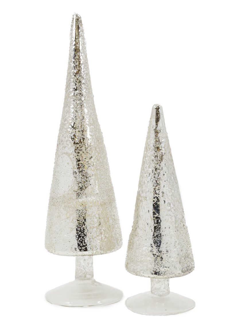 9Â½ &amp; 14in Iced Silver Tabletop Christmas Trees