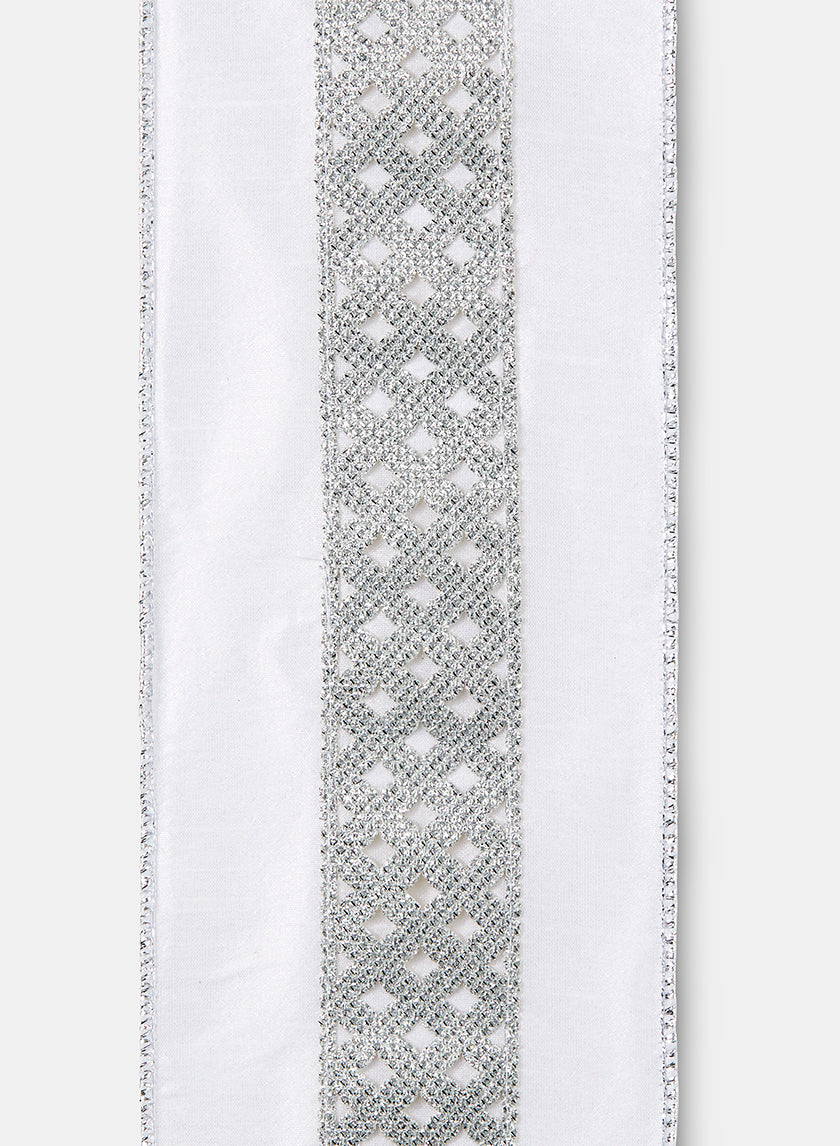 Silver Diamond Glitter White Dupioni Ribbon