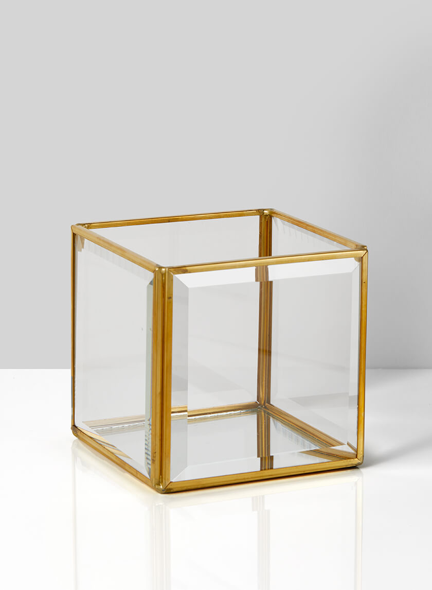 4in H Beveled Glass Gold Square Candleholder