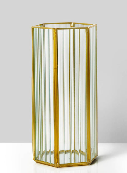 8  3/4in H Striped Glass Gold Hexagon Hurricane