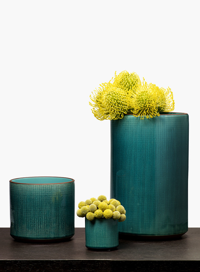 12in Teal Linen Ceramic Cylinder Vase