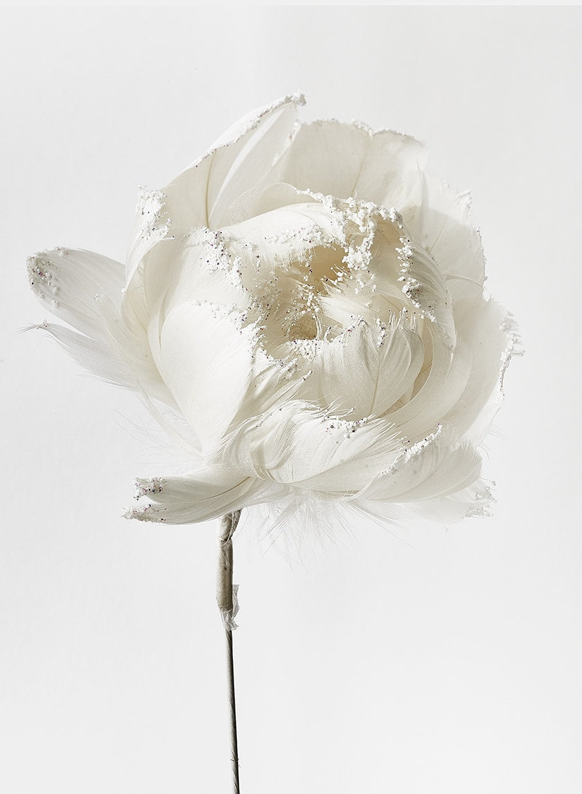 18in Glittered White Feather Opening Peony