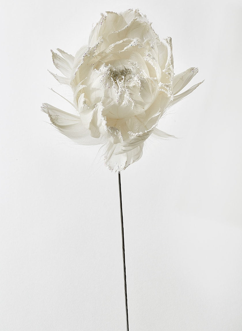 18in Glittered White Feather Open Peony