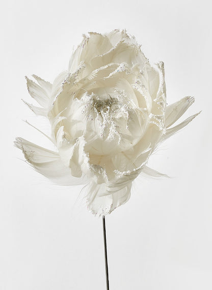 18in Glittered White Feather Open Peony