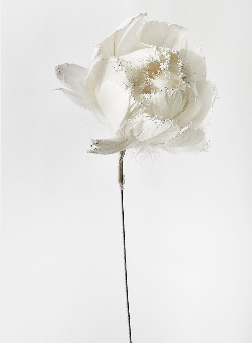 18in Glittered White Feather Opening Peony