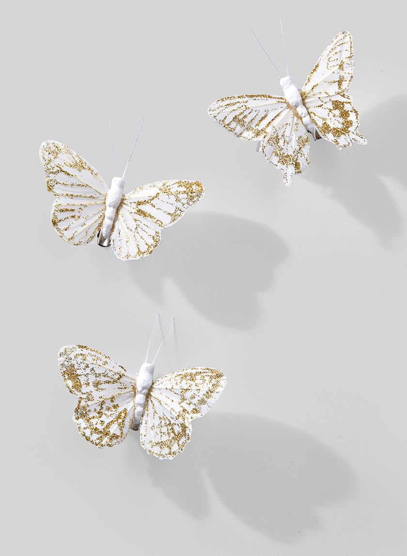 3in Gold Glittered White Butterfly