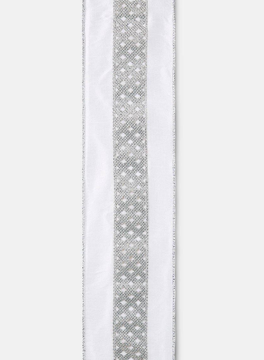 Silver Diamond Glitter White Dupioni Ribbon